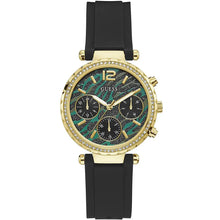 Guess GW0113L1 Solstice montre femme dorée avec cadran vert et bracelet silicone noir